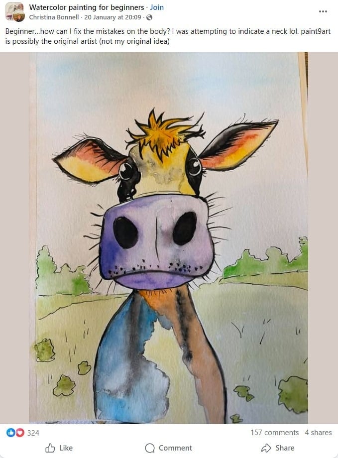 Colorful watercolor cow painting with large eyes and expressive features, set in a grassy field.