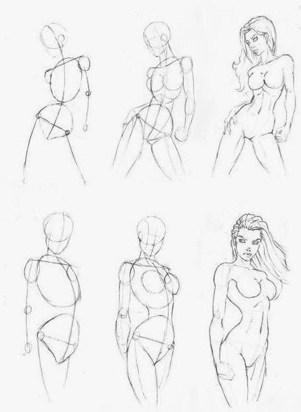image Six-step female figure drawing tutorial, showing progression from basic shapes to detailed anatomy sketch. | Sky Rye Design Six-step female figure drawing tutorial, showing progression from basic shapes to detailed anatomy sketch.