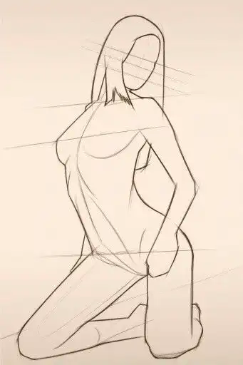 Illustration of a kneeling female figure sketch, with lines indicating form and posture, emphasizing dynamic pose and proportions.