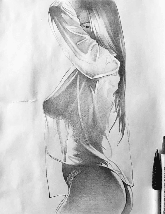image Pencil sketch of a woman in a shirt, posing with her face partially hidden, showcasing detailed shading and artistic style. | Sky Rye Design Pencil sketch of a woman in a shirt, posing with her face partially hidden, showcasing detailed shading and artistic style.
