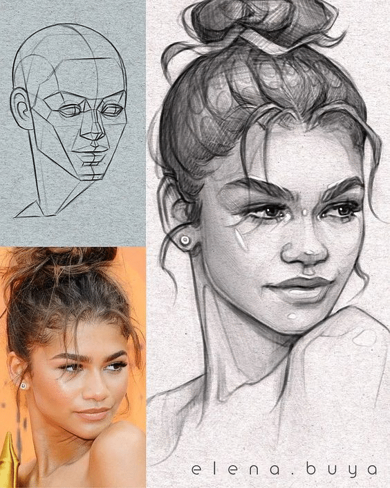 image Portrait drawing process: from geometric sketch to realistic illustration, featuring a model with a topknot hairstyle. Art by elena.buya. | Sky Rye Design Portrait drawing process: from geometric sketch to realistic illustration, featuring a model with a topknot hairstyle. Art by elena.buya.