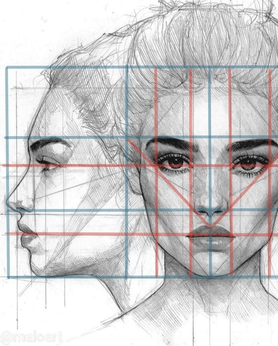 image Pencil sketch of a woman's face with grid lines, showcasing front and side profiles. Perfect for art and drawing tutorials. | Sky Rye Design Pencil sketch of a woman's face with grid lines, showcasing front and side profiles. Perfect for art and drawing tutorials.
