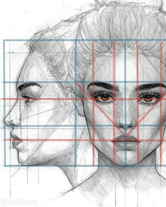 Pencil sketch of a woman's face with grid lines, showcasing front and side profiles. Perfect for art and drawing tutorials.
