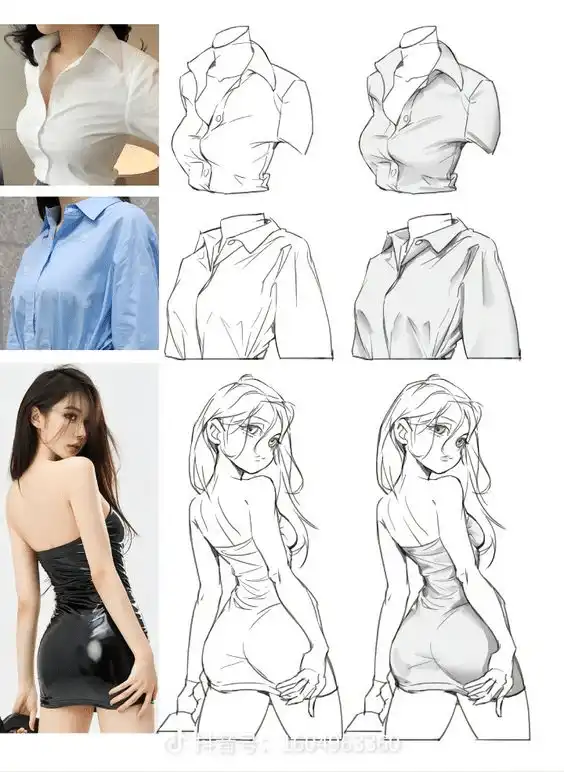 Fashion illustration guide: realistic and sketched styles of shirts and a dress, showing transition from photos to anime-inspired drawings.