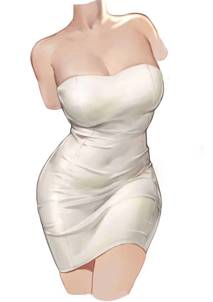 image Illustration of a woman in a strapless white dress, showcasing an elegant and stylish fashion concept. | Sky Rye Design Illustration of a woman in a strapless white dress, showcasing an elegant and stylish fashion concept.