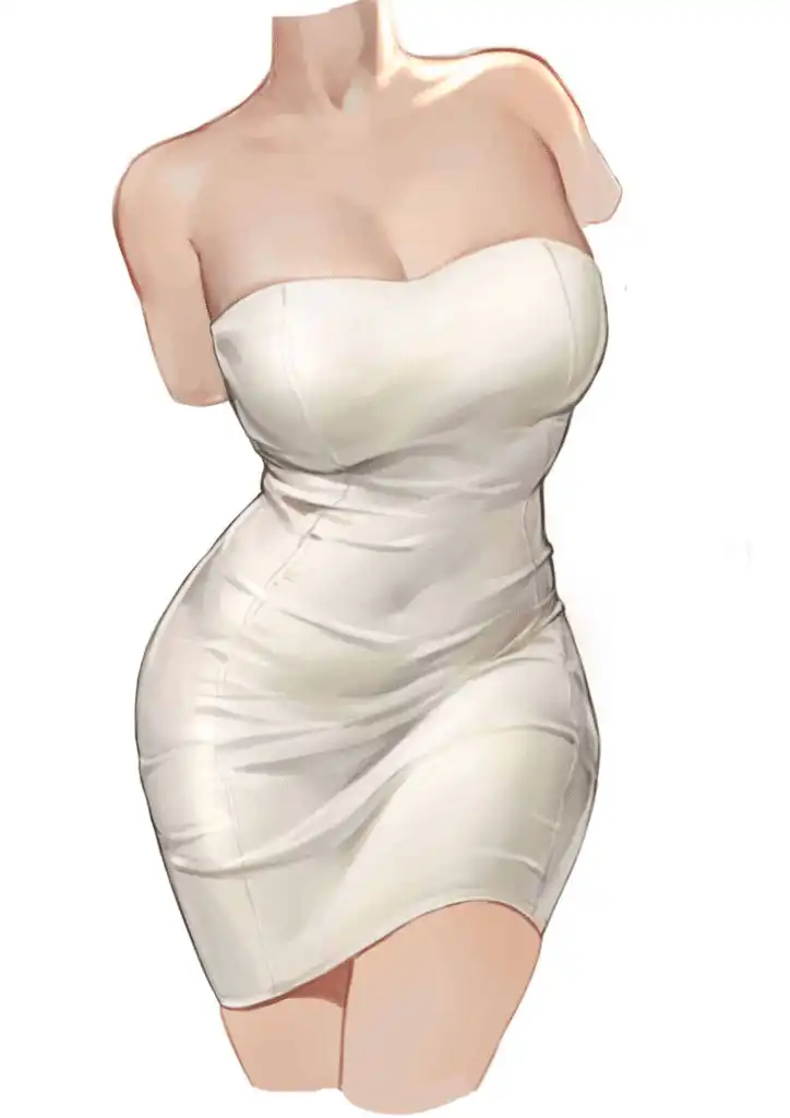 Illustration of a woman in a strapless white dress, showcasing an elegant and stylish fashion concept.