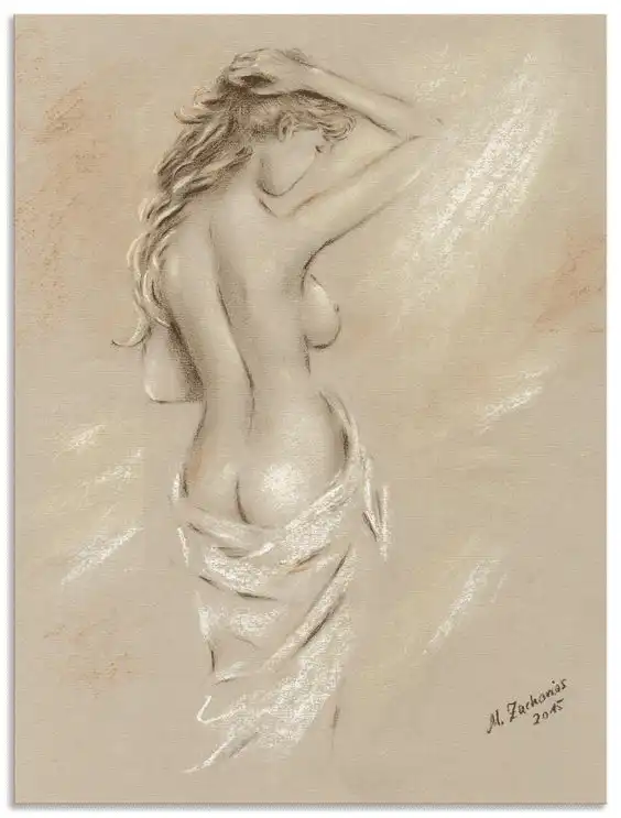 Artistic nude sketch of a woman with her back turned, draped in a sheer cloth, highlighting elegance and grace.