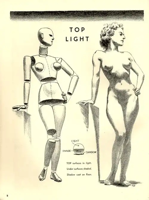 Illustration of top lighting on a mannequin and human figure showing shadows and highlights for drawing reference.