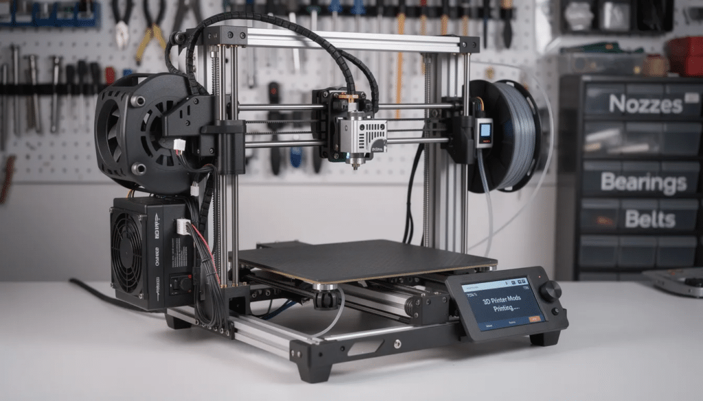 image Desktop 3D printer in a workshop, showcasing filament spool and control panel, set against organized tools on a wall. | Sky Rye Design Desktop 3D printer in a workshop, showcasing filament spool and control panel, set against organized tools on a wall.
