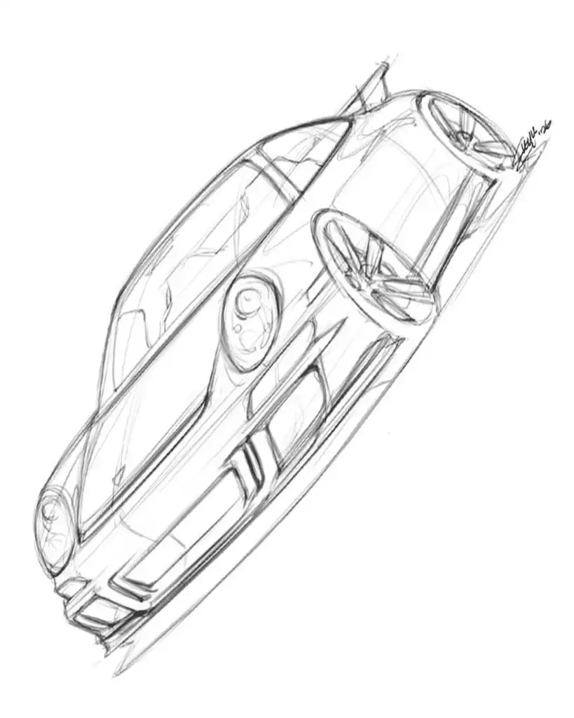 Sketch of a sleek sports car in dynamic perspective, showcasing its aerodynamic design and intricate details.
