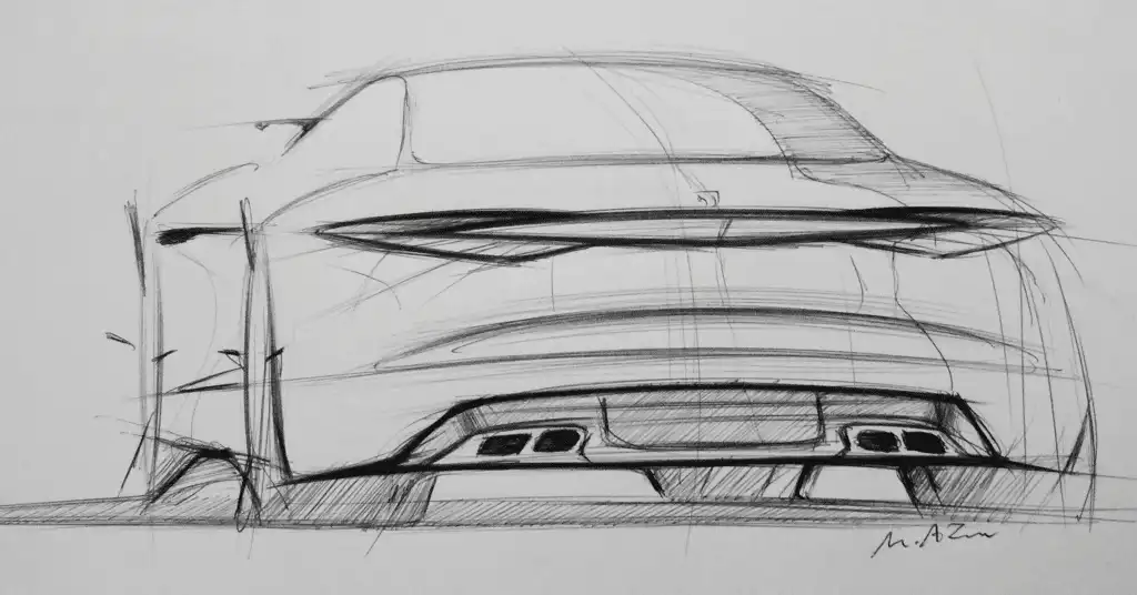 Sketch of a sleek car's rear view, featuring dynamic lines and design details, showcasing modern automotive artistry.