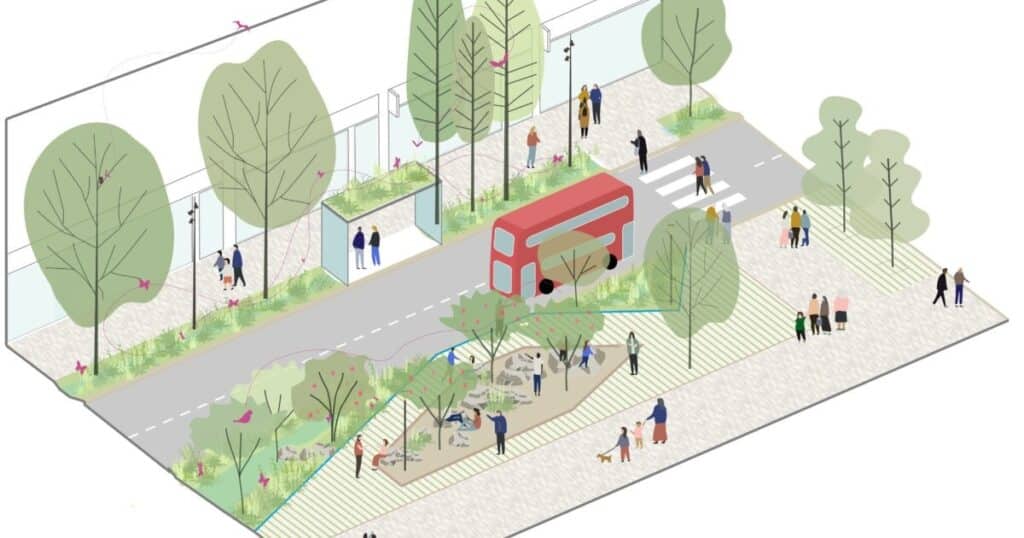 Illustration of an urban street with trees, people, and a red double-decker bus, showcasing a pedestrian-friendly