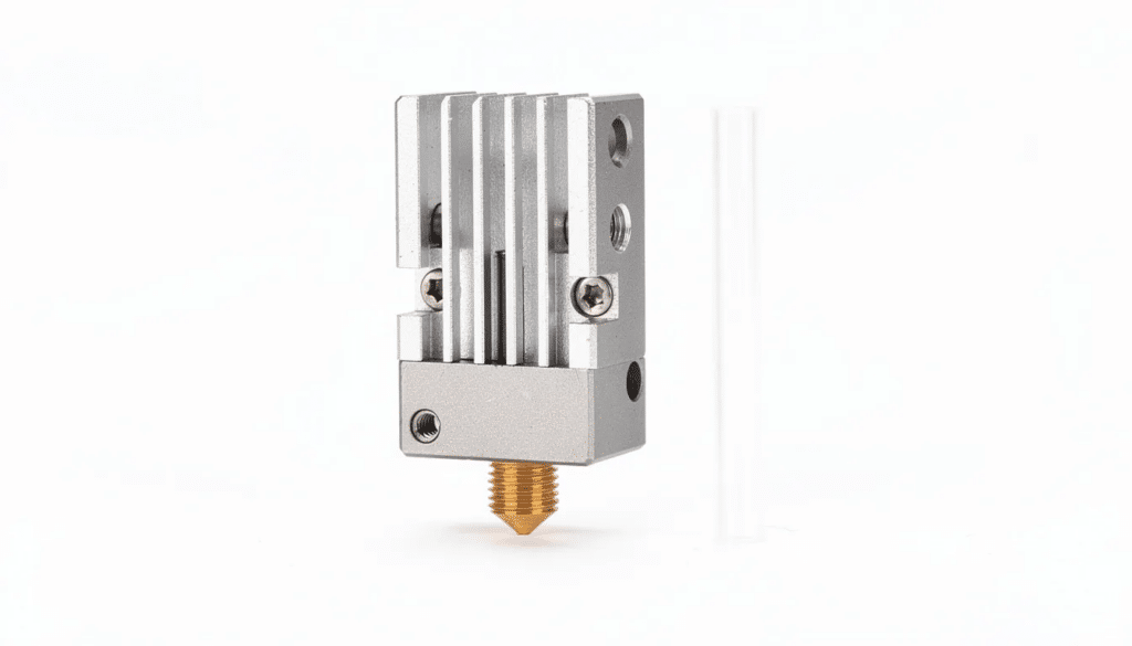image Metal 3D printer extruder nozzle with aluminum heat sink, isolated on white background. Essential for high-precision 3D printing applications. | Sky Rye Design Metal 3D printer extruder nozzle with aluminum heat sink, isolated on white background. Essential for high-precision 3D printing applications.