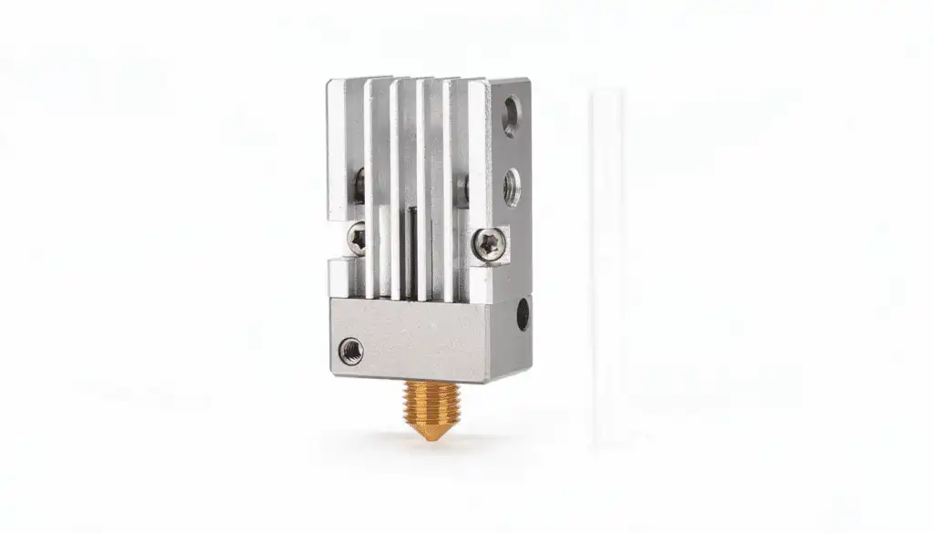 Metal 3D printer extruder nozzle with aluminum heat sink, isolated on white background. Essential for high-precision 3D printing applications.