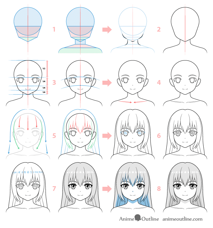 Step-by-step guide to drawing an anime girl's head and hair, from basic shapes to detailed features.