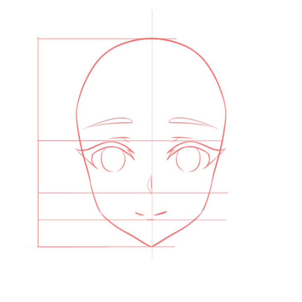 Anime face drawing guide with proportional lines, featuring wide eyes, arched eyebrows, and simple nose and mouth outlines.