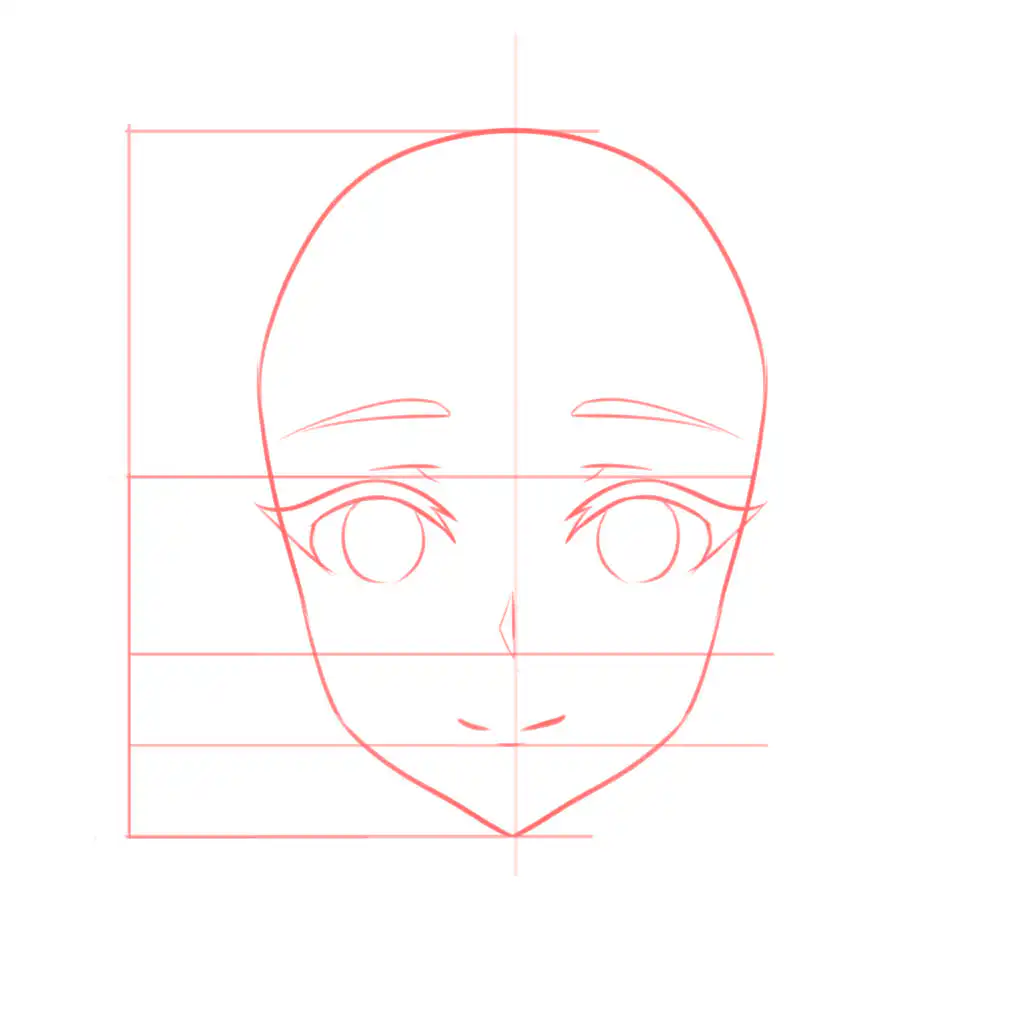 Anime face drawing guide with proportional lines, featuring wide eyes, arched eyebrows, and simple nose and mouth outlines.