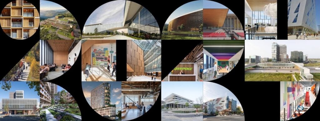 Collage of modern architecture designs, showcasing diverse buildings and interiors with innovative styles in a 2023 shape.