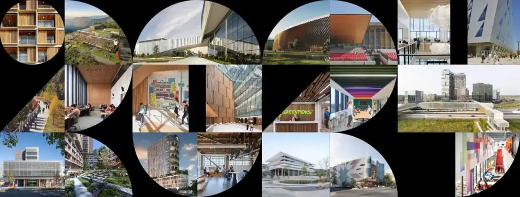 Collage of modern architecture designs, showcasing diverse buildings and interiors with innovative styles in a 2023 shape.