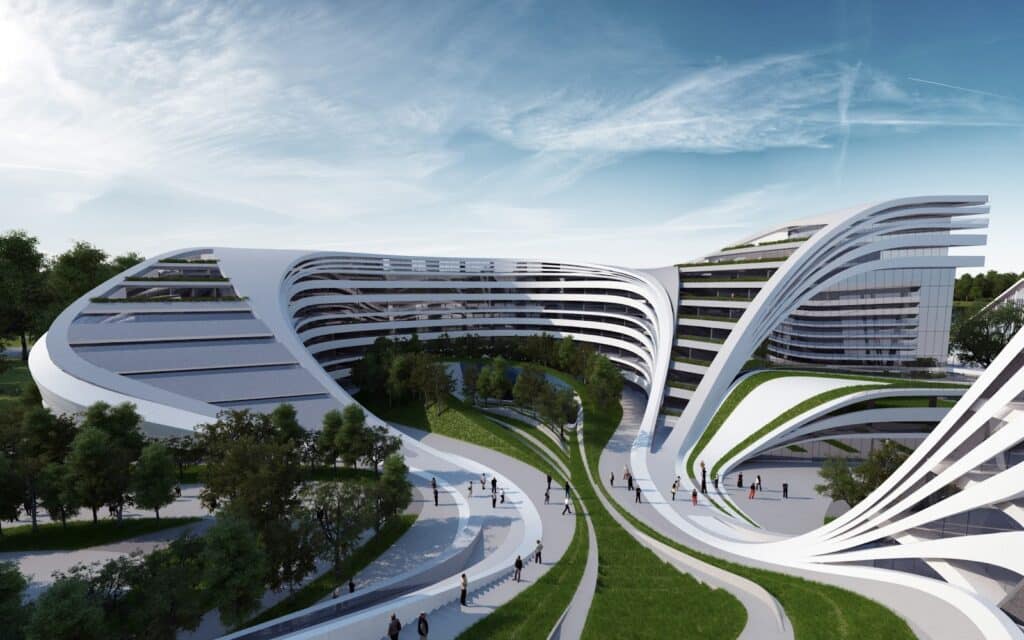 Futuristic architectural building with curved design, featuring green spaces and pathways under a blue sky. Modern and