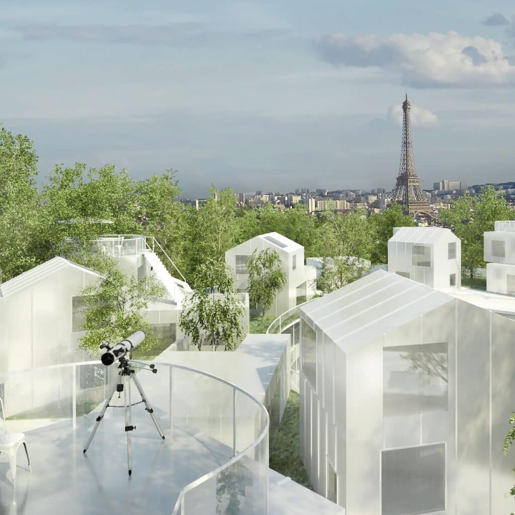 Futuristic white structures in a green setting with a telescope on a balcony, overlooking the Eiffel Tower in the distance. Architecture Portfolio Examples