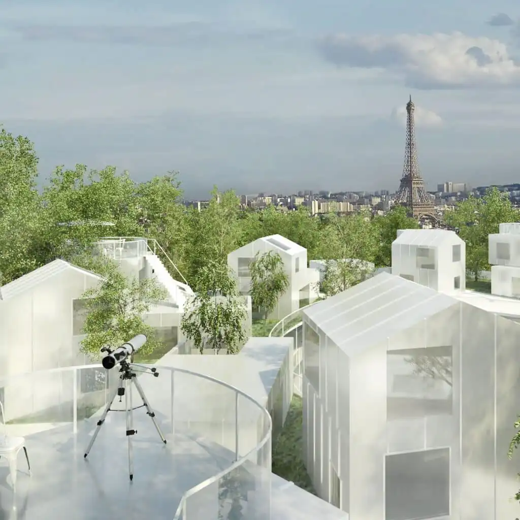 Futuristic white structures in a green setting with a telescope on a balcony, overlooking the Eiffel Tower in the distance. Architecture Portfolio Examples