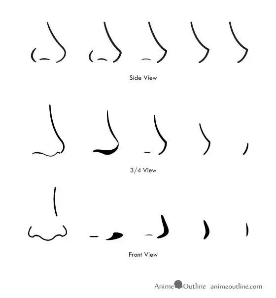 Various anime-style nose drawings shown in side, 3/4, and front views, illustrating different shapes and perspectives.