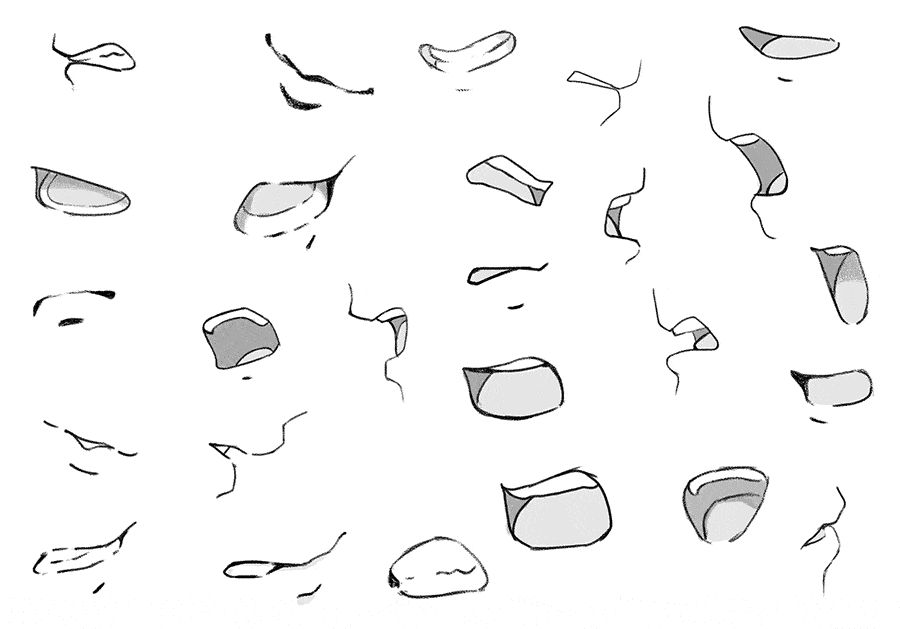 Various sketches of anime mouths in different expressions on a white background, showcasing diverse emotions and artistic