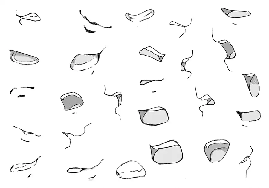 Various sketches of anime mouths in different expressions on a white background, showcasing diverse emotions and artistic