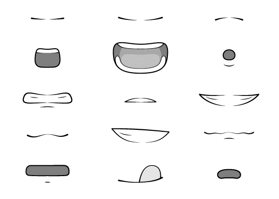 Various cartoon mouth expressions in black and white, displaying a range of emotions such as smiles, frowns, and neutral