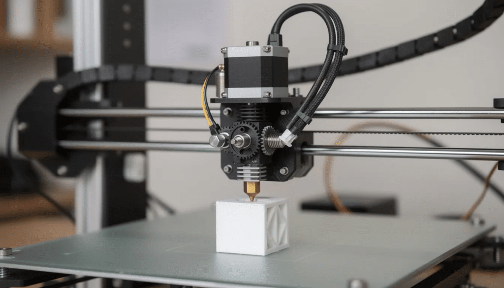 image 3D printer in action, creating a detailed white model on a glass platform, showcasing advanced manufacturing technology. | Sky Rye Design 3D printer in action, creating a detailed white model on a glass platform, showcasing advanced manufacturing technology.