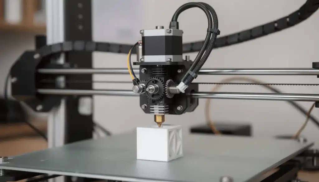 3D printer in action, creating a detailed white model on a glass platform, showcasing advanced manufacturing technology.