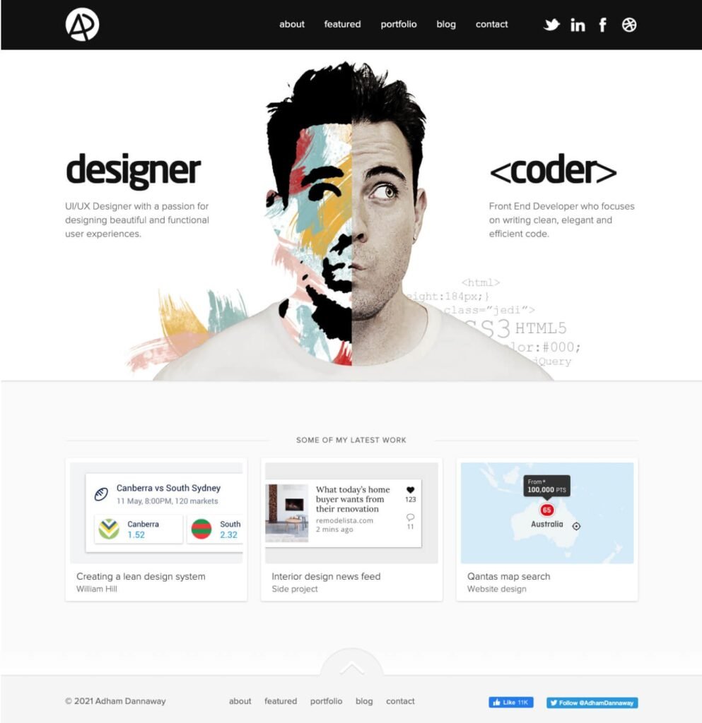 Split-image of a UI/UX designer and front-end coder with colorful abstract art, showcasing latest work in web design and