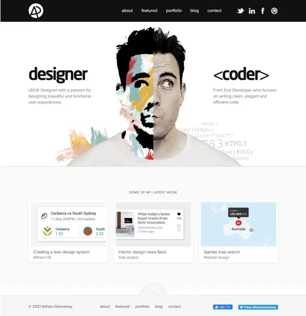 Split-image of a UI/UX designer and front-end coder with colorful abstract art, showcasing latest work in web design and