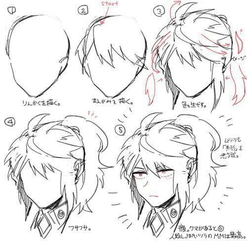 Step-by-step tutorial on drawing anime hair: sketch outline, add details, refine features, finish with texture and