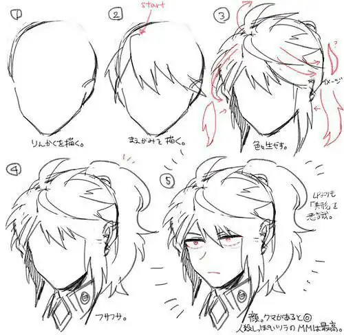 Step-by-step tutorial on drawing anime hair: sketch outline, add details, refine features, finish with texture and