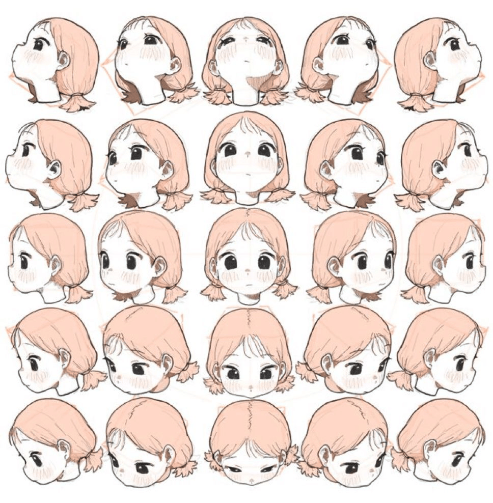 Anime girl head turnarounds showing various angles and expressions, highlighting art style and character design.