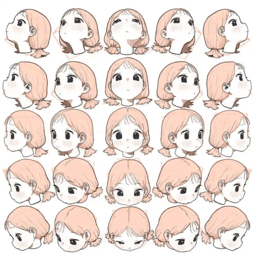 Anime girl head turnarounds showing various angles and expressions, highlighting art style and character design.
