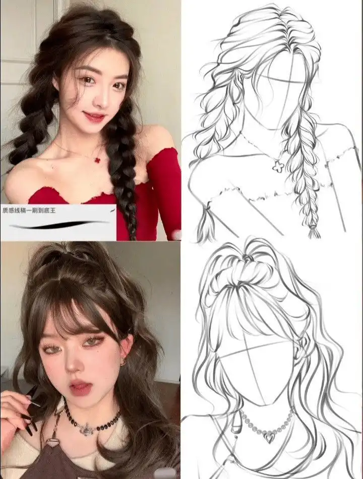 Two women with braided hairstyles and sketched illustrations of their poses and hairstyles, showcasing fashion and art