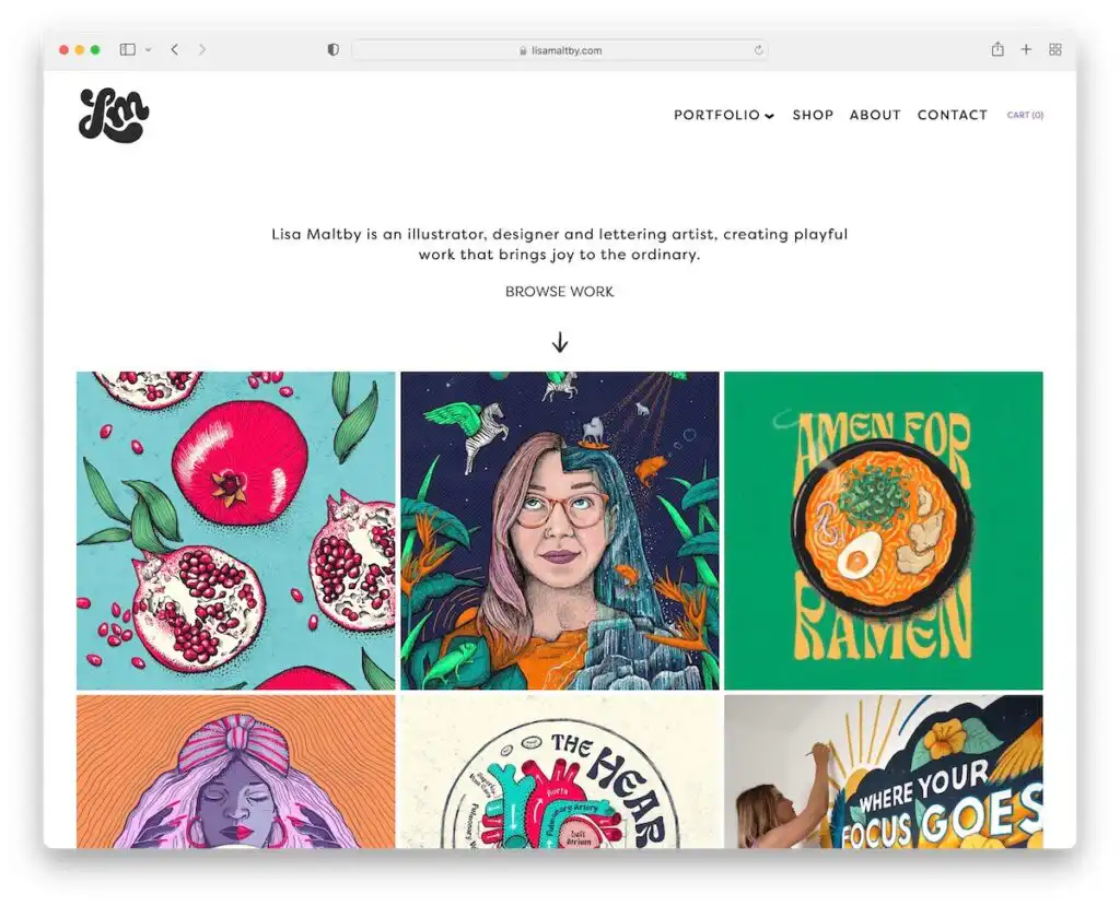 Illustrative artwork gallery by designer Lisa Maltby showcasing colorful, playful designs including pomegranates, portraits,