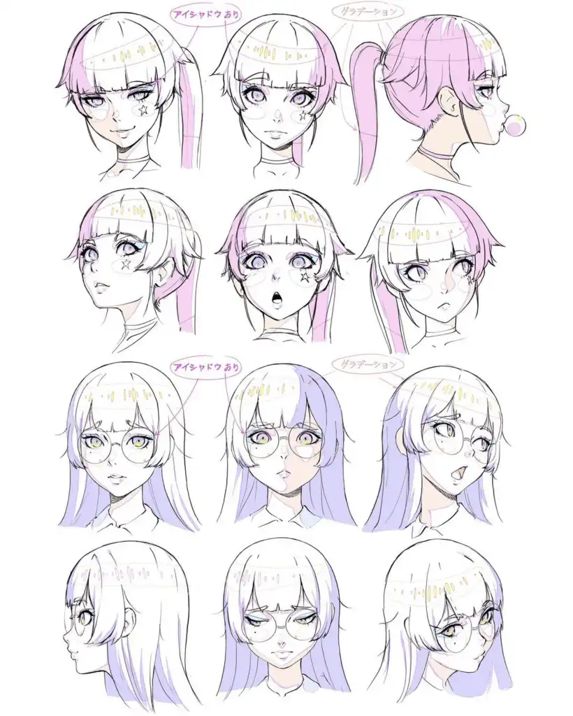 Anime character design with various expressions and hairstyles, showcasing emotions and styles in colorful sketches.