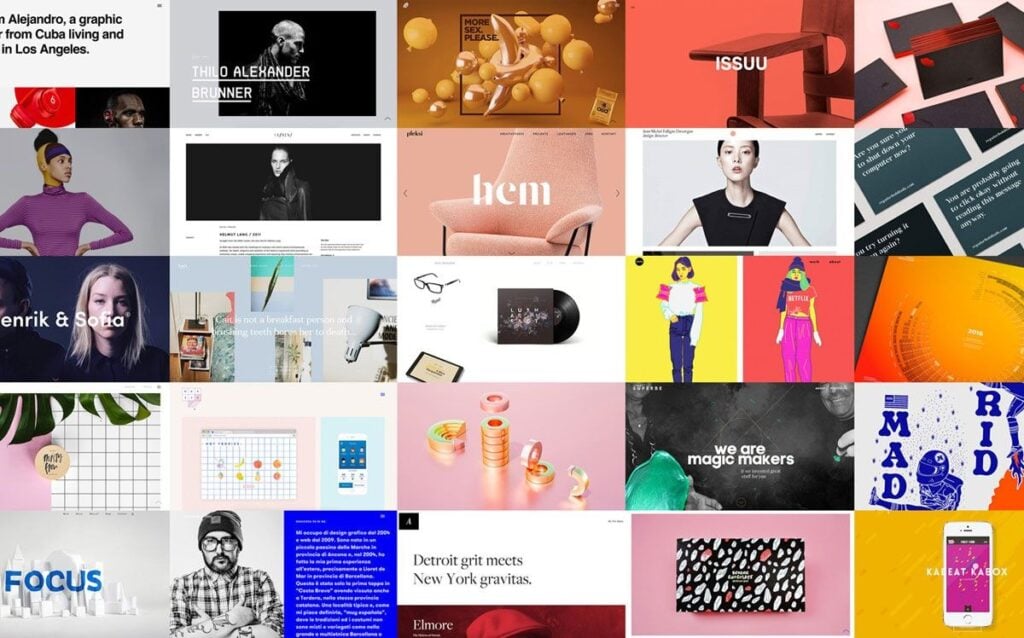 Collage of diverse graphic design works showcasing vibrant colors, typography, and modern art styles, reflecting creativity