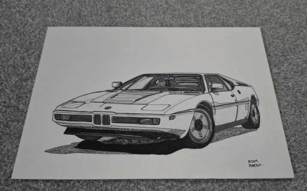 Illustration of a vintage sports car showcasing classic design elements on a white background.