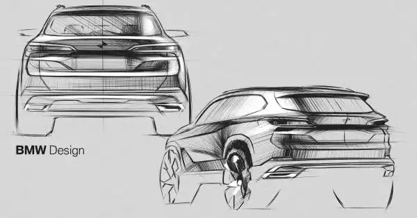 Sketch of a BMW SUV design showcasing rear and side views with intricate detailing, illustrating future automotive