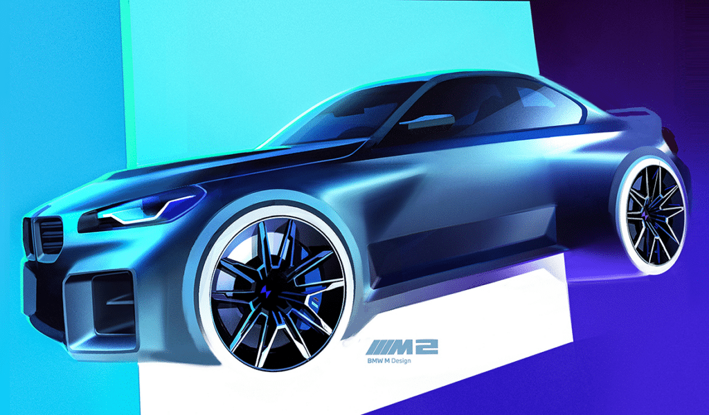 Futuristic BMW M2 concept car design in blue tones, highlighting sleek lines and sporty features against a vibrant geometric