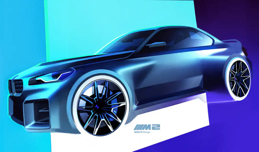 Futuristic BMW M2 concept car design in blue tones, highlighting sleek lines and sporty features against a vibrant geometric