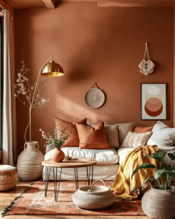 Cozy living room with terracotta walls, boho decor, woven baskets, and a modern white couch with rust-colored pillows and