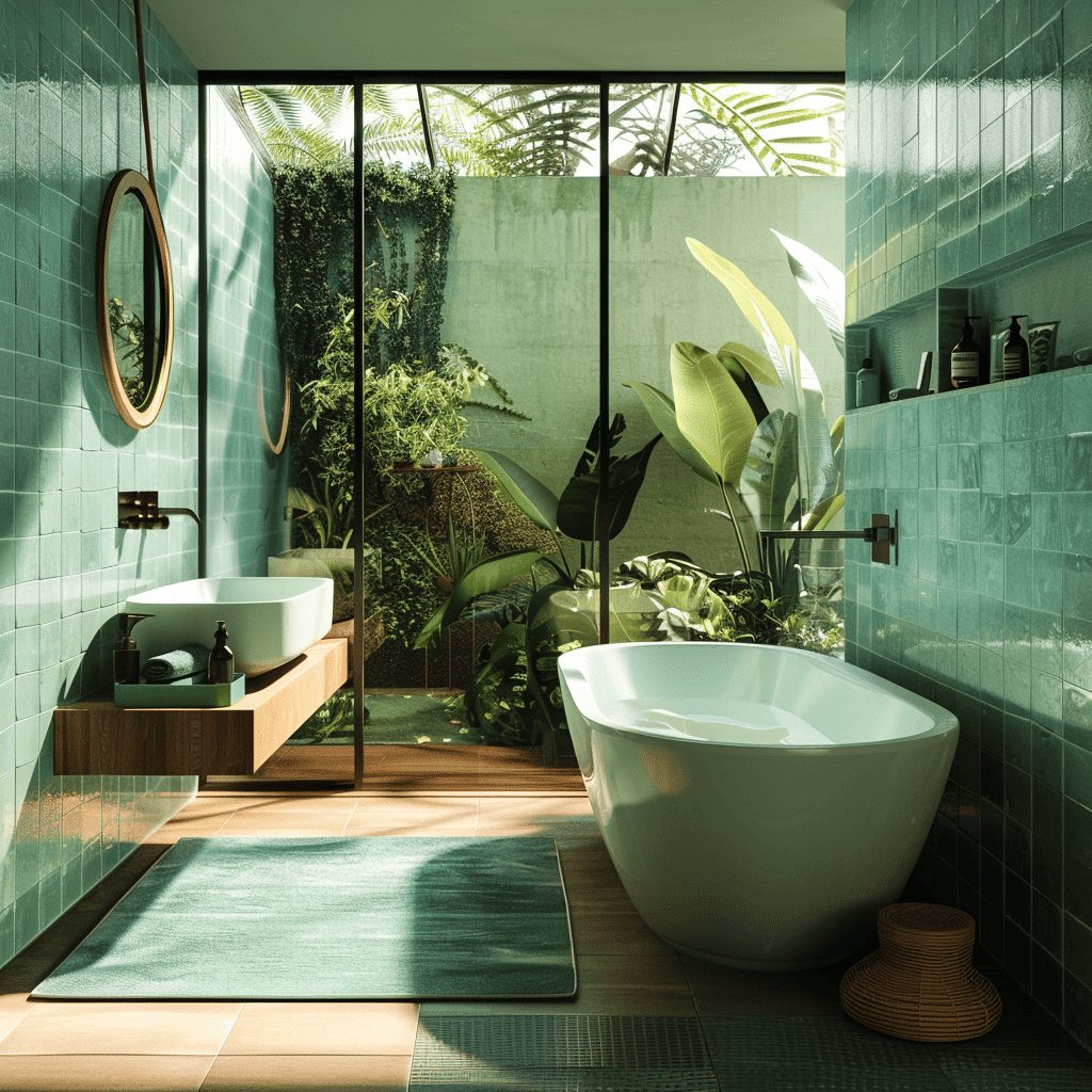 Modern bathroom with green tiles, freestanding tub, and large window overlooking lush outdoor garden, creating a serene