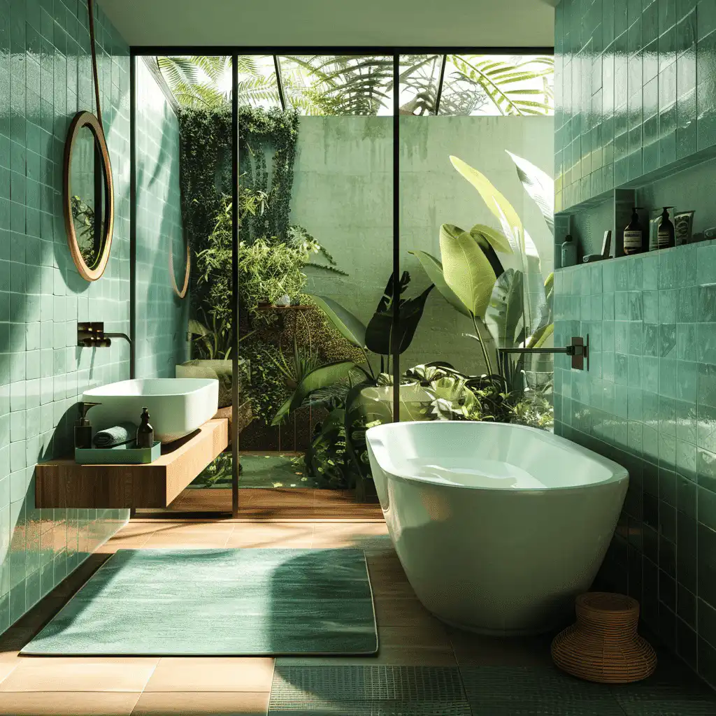 Modern bathroom with green tiles, freestanding tub, and large window overlooking lush outdoor garden, creating a serene