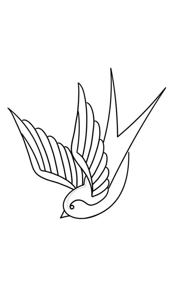 Simple line drawing of a swallow bird tattoo design, showcasing the bird in flight with detailed wings, set against a plain